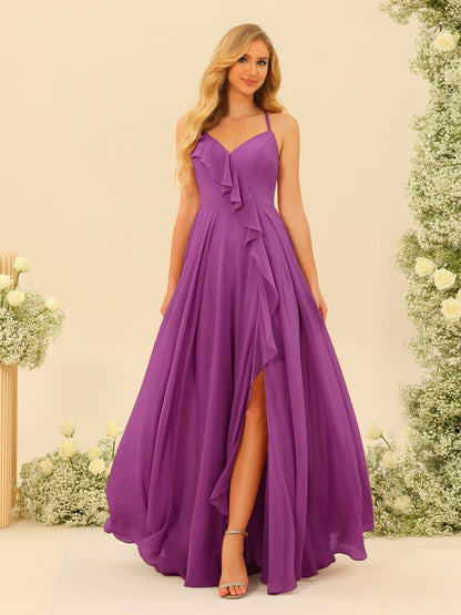 A-Line/Princess Spaghetti Straps V-Neck Long Bridesmaid Dresses with Split Side & Ruffles