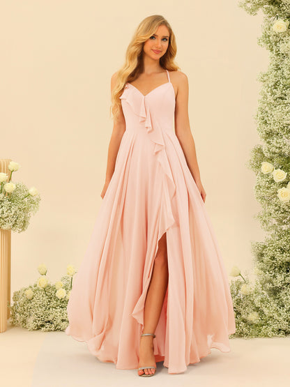 A-Line/Princess Spaghetti Straps V-Neck Long Bridesmaid Dresses with Split Side & Ruffles
