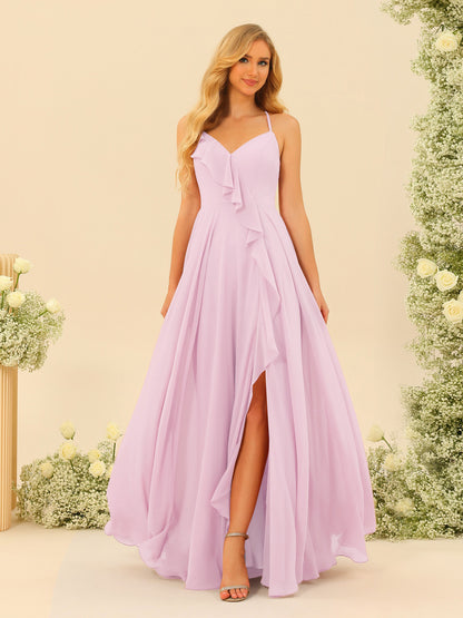 A-Line/Princess Spaghetti Straps V-Neck Long Bridesmaid Dresses with Split Side & Ruffles
