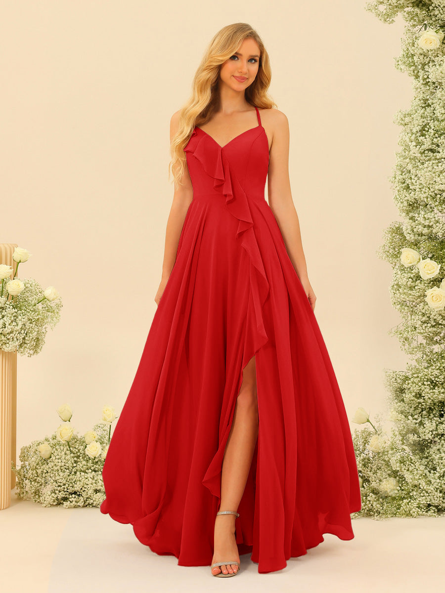 A-Line/Princess Spaghetti Straps V-Neck Long Bridesmaid Dresses with Split Side & Ruffles