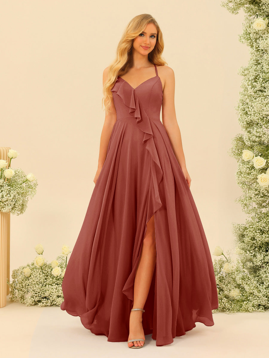 A-Line/Princess Spaghetti Straps V-Neck Long Bridesmaid Dresses with Split Side & Ruffles