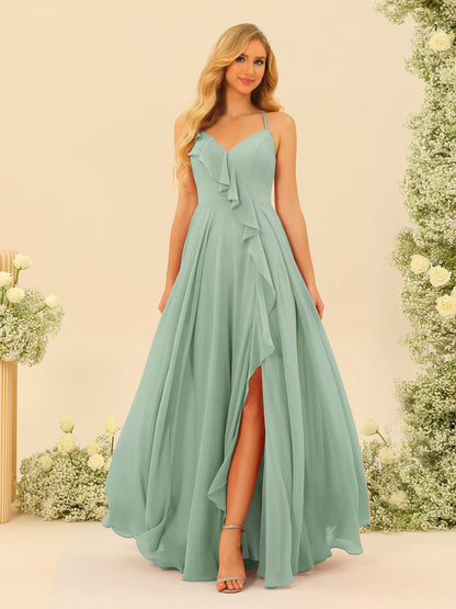 A-Line/Princess Spaghetti Straps V-Neck Long Bridesmaid Dresses with Split Side & Ruffles