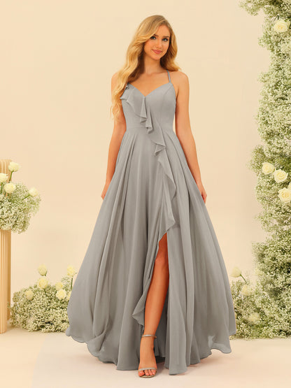A-Line/Princess Spaghetti Straps V-Neck Long Bridesmaid Dresses with Split Side & Ruffles