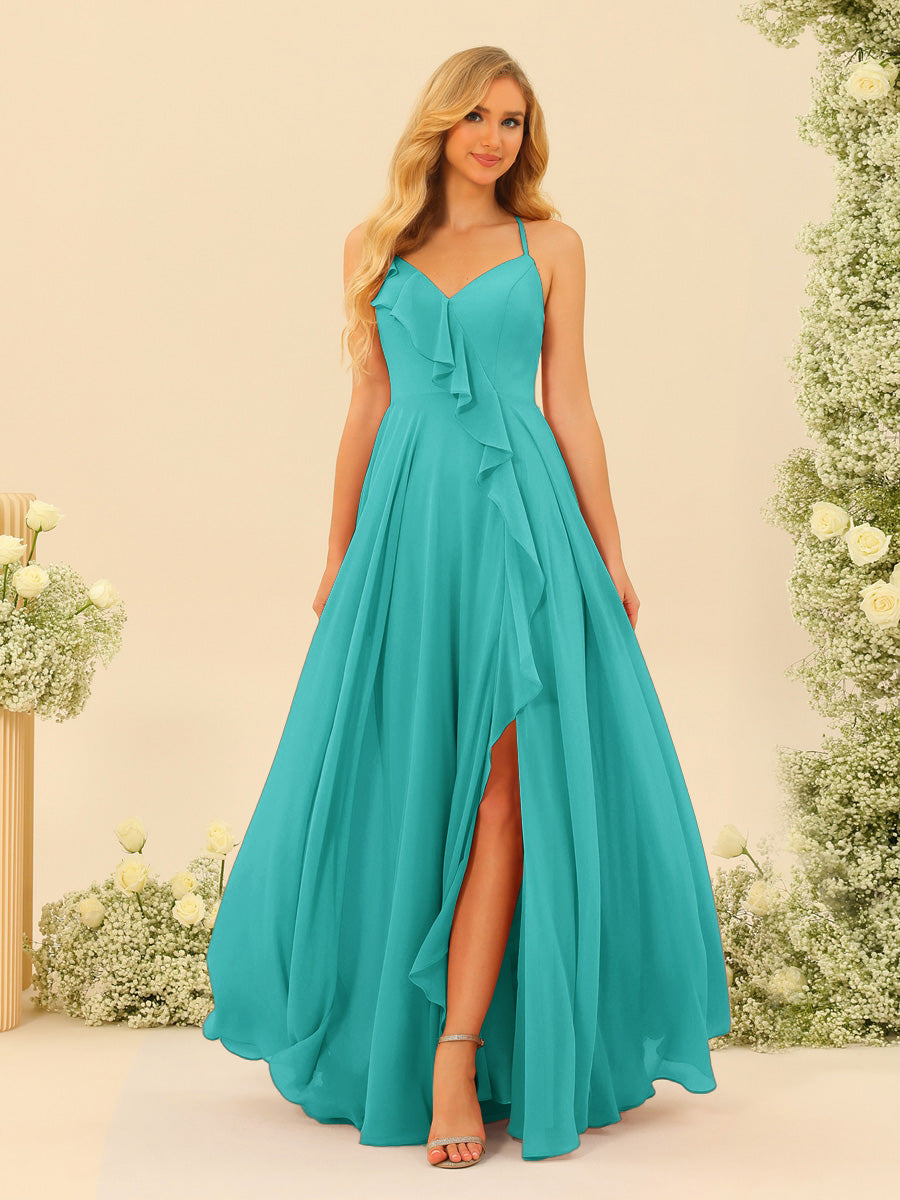 A-Line/Princess Spaghetti Straps V-Neck Long Bridesmaid Dresses with Split Side & Ruffles