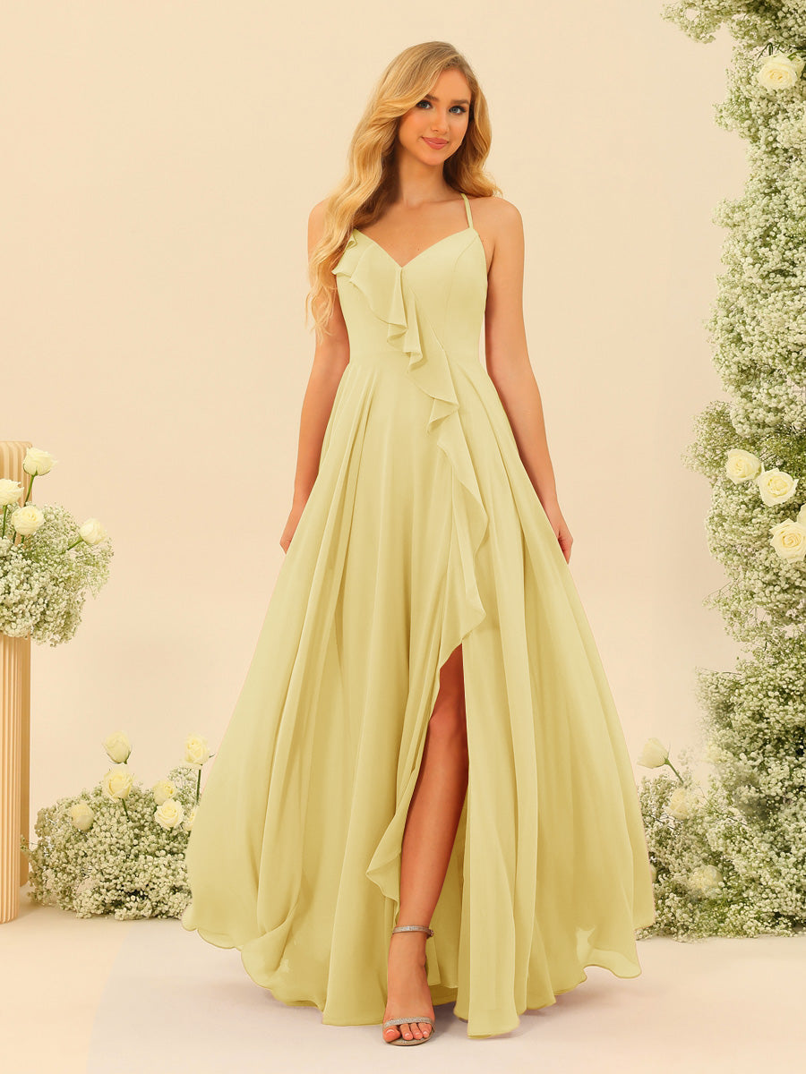 A-Line/Princess Spaghetti Straps V-Neck Long Bridesmaid Dresses with Split Side & Ruffles