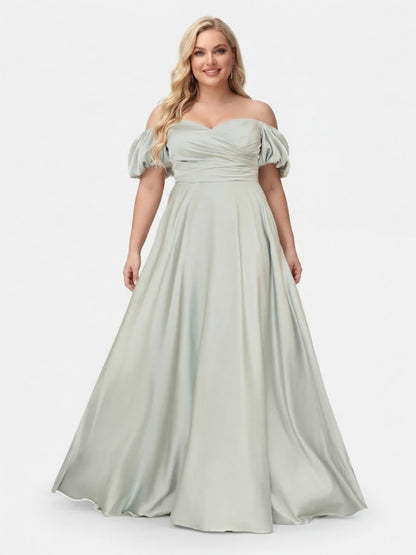 A-Line/Princess Off-the-Shoulder Puff Sleeves Plus Size Evening Dresses with Ruched