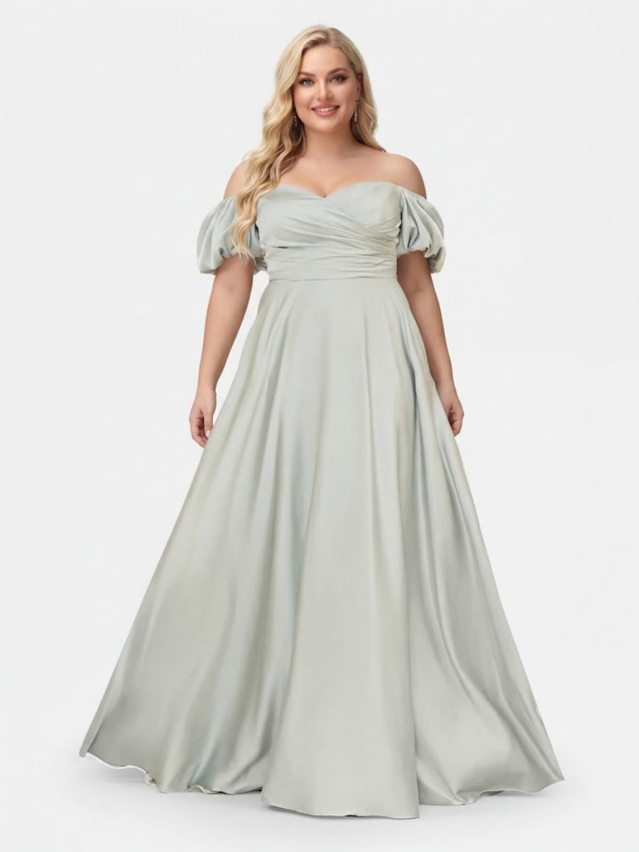 A-Line/Princess Off-the-Shoulder Puff Sleeves Plus Size Evening Dresses with Ruched