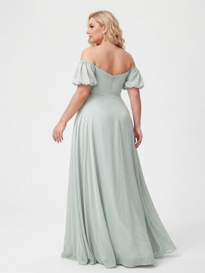 A-Line/Princess Off-the-Shoulder Puff Sleeves Plus Size Evening Dresses with Ruched