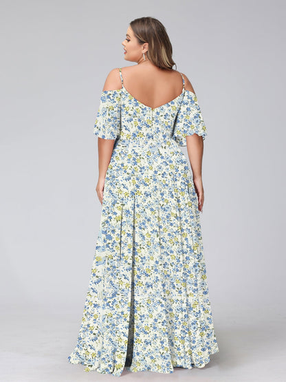 A-Line/Princess Cold Shoulder Short Sleeves Ruched Plus Size Floral Bridesmaid Dresses