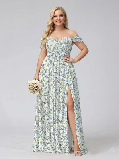 A-Line/Princess Off-the-Shoulder Short Sleeves Split Side Plus Size Floral Bridesmaid Dresses
