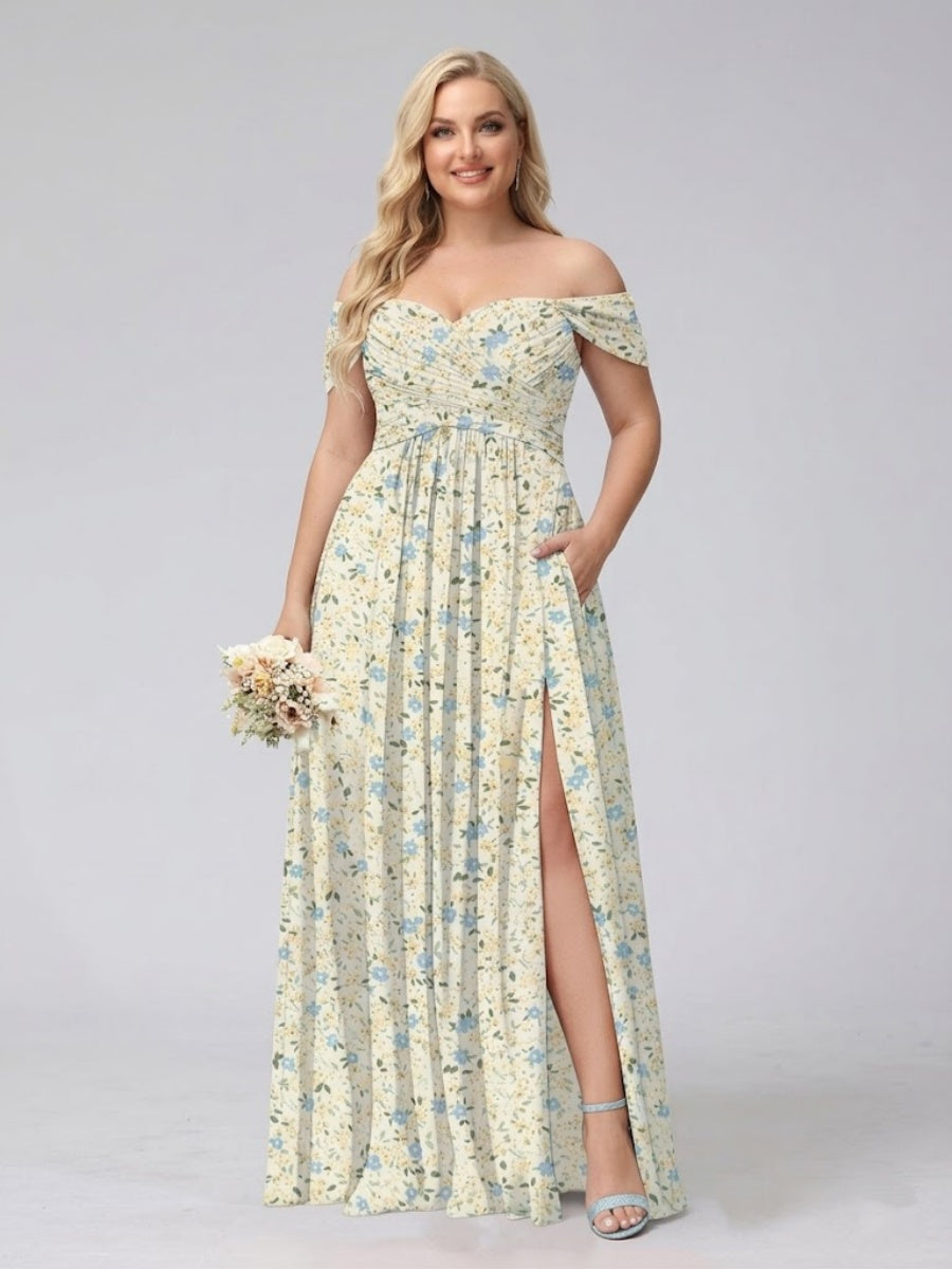 A-Line/Princess Off-the-Shoulder Short Sleeves Split Side Plus Size Floral Bridesmaid Dresses