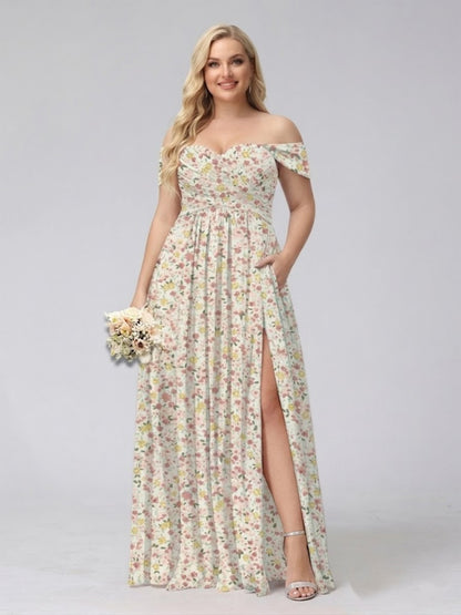 A-Line/Princess Off-the-Shoulder Short Sleeves Split Side Plus Size Floral Bridesmaid Dresses