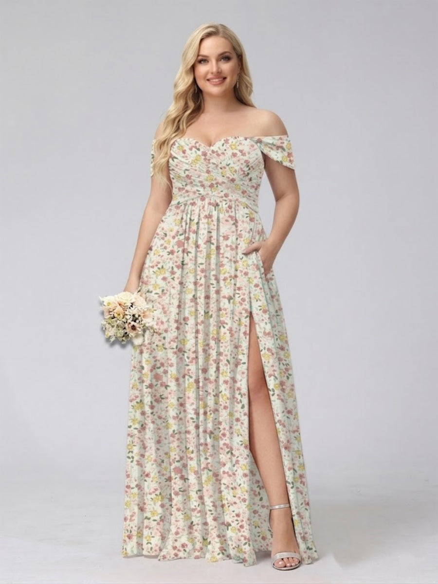 A-Line/Princess Off-the-Shoulder Short Sleeves Split Side Plus Size Floral Bridesmaid Dresses