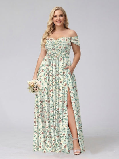 A-Line/Princess Off-the-Shoulder Short Sleeves Split Side Plus Size Floral Bridesmaid Dresses