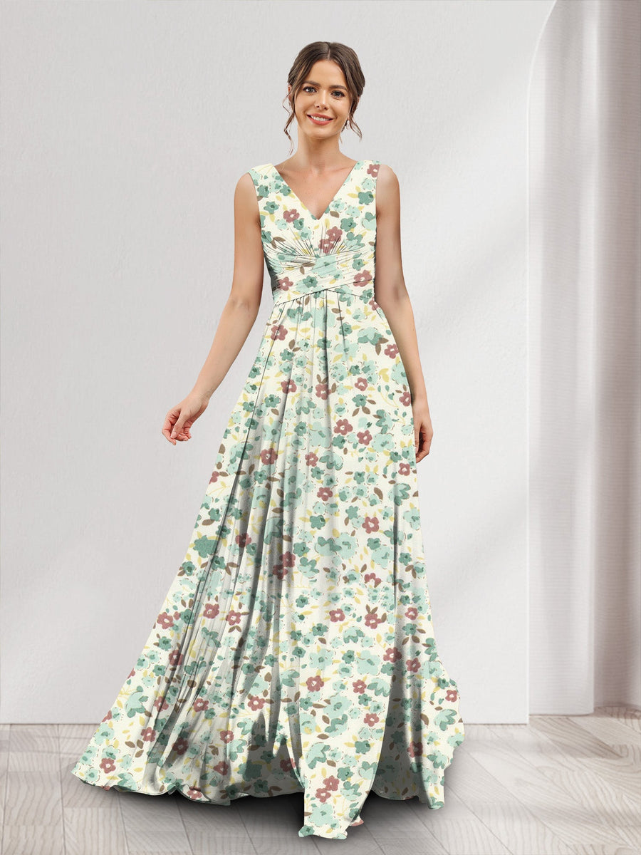 A-Line/Princess V-Neck Sleeveless Ruched Floral Bridesmaid Dresses