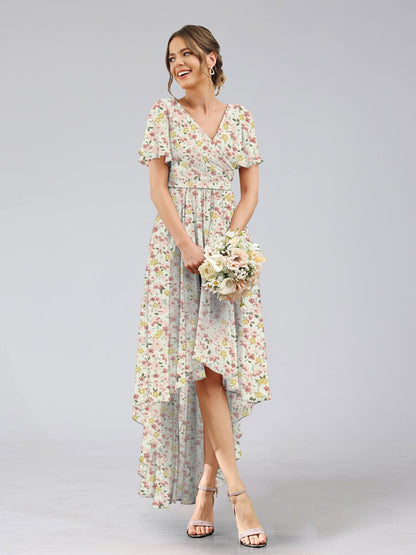 A-Line/Princess V-Neck Short Sleeves Ruched Floral Bridesmaid Dresses