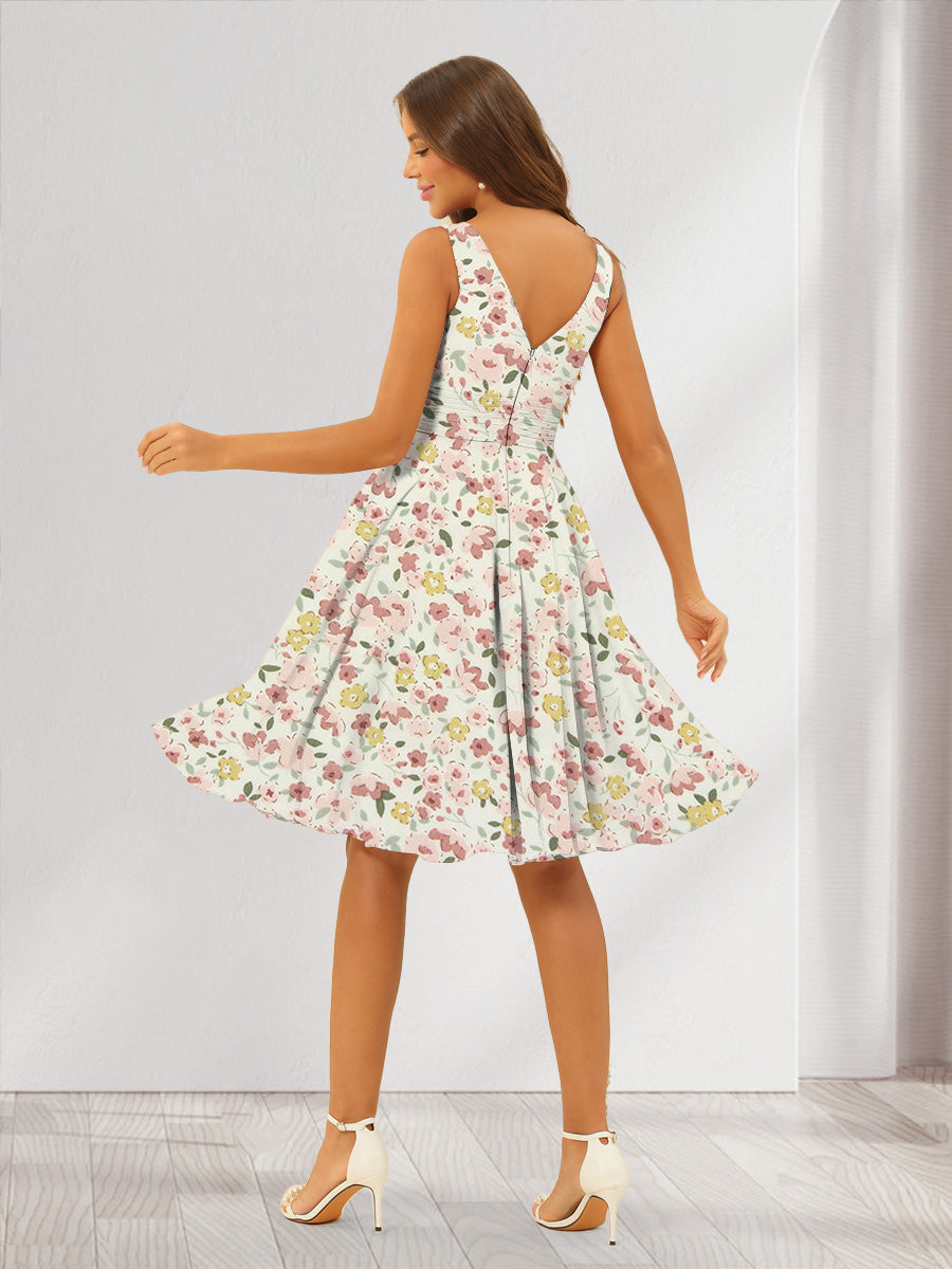 A-Line/Princess V-Neck Sleeveless Ruched Floral Bridesmaid Dresses