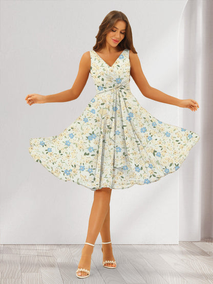 A-Line/Princess V-Neck Sleeveless Ruched Floral Bridesmaid Dresses