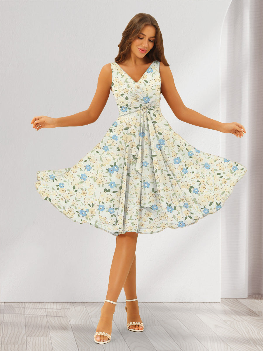 A-Line/Princess V-Neck Sleeveless Ruched Floral Bridesmaid Dresses