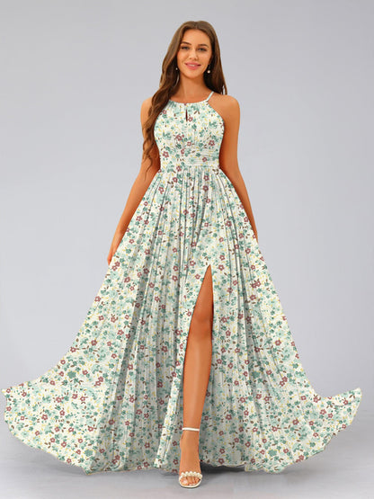 A-Line/Princess Halter Sleeveless Ruched Floral Bridesmaid Dresses