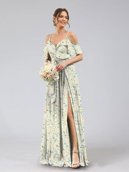 A-Line/Princess Cold Shoulder Short Sleeves Belt Floral Bridesmaid Dresses