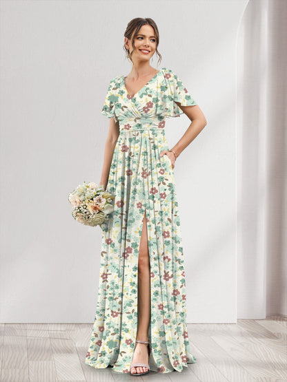 A-Line/Princess V-Neck Short Sleeves Split Side Floral Bridesmaid Dresses