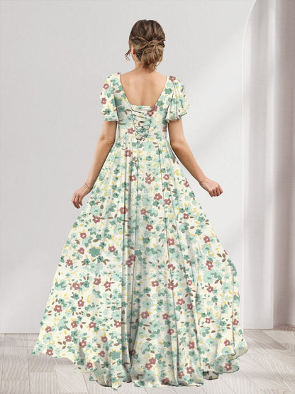 A-Line/Princess V-Neck Short Sleeves Split Side Floral Bridesmaid Dresses