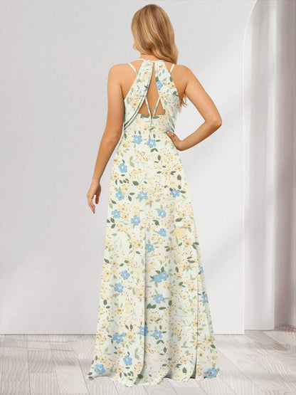 A-Line/Princess Halter Sleeveless Ruched Floral Bridesmaid Dresses