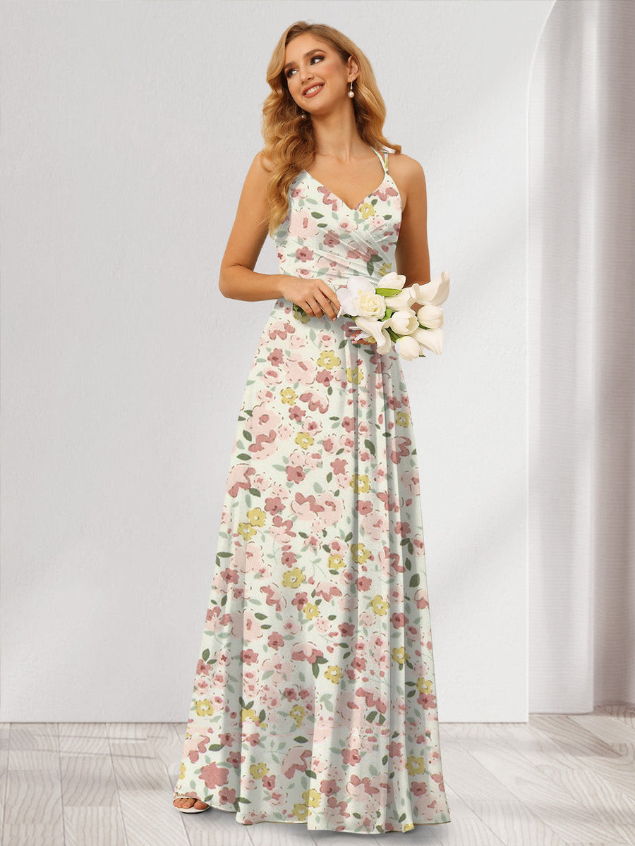 A-Line/Princess Halter Sleeveless Ruched Floral Bridesmaid Dresses