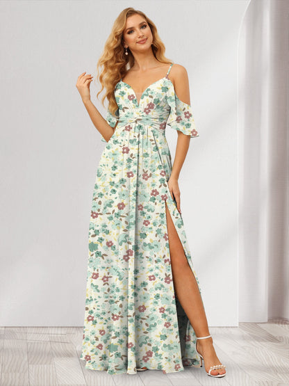 A-Line/Princess Cold Shoulder Short Sleeves Split Side Floral Bridesmaid Dresses
