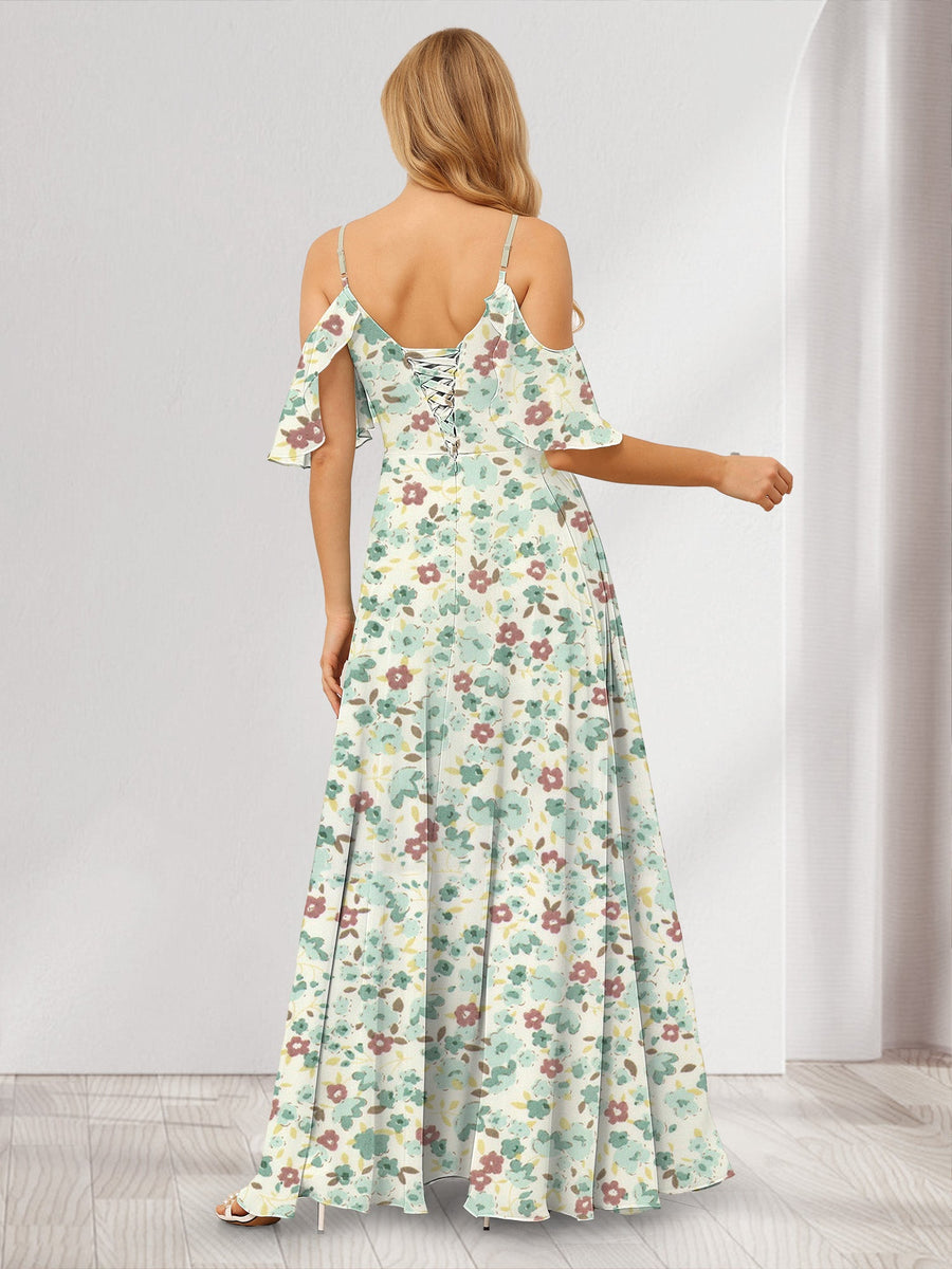 A-Line/Princess Cold Shoulder Short Sleeves Split Side Floral Bridesmaid Dresses