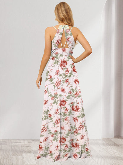A-Line/Princess V-Neck Long Floral Bridesmaid Dresses with Ruched
