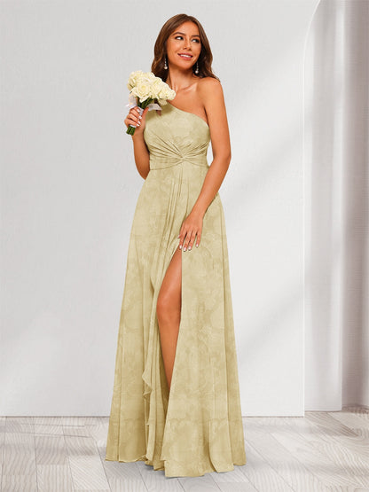A-Line/Princess One-Shoulder Long Floral Bridesmaid Dresses with Split Side