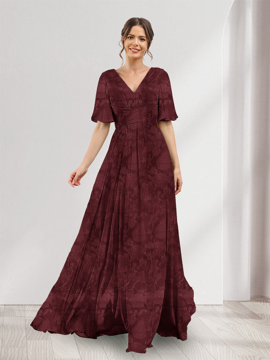 A-Line V-Neck Half Sleeves Split Side Floral Bridesmaid Dresses With Pockets