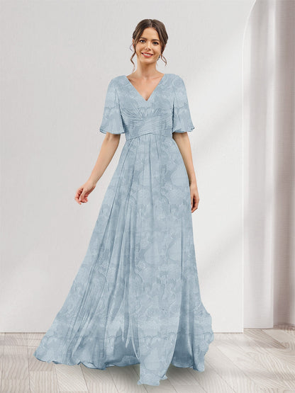 A-Line V-Neck Half Sleeves Split Side Floral Bridesmaid Dresses With Pockets