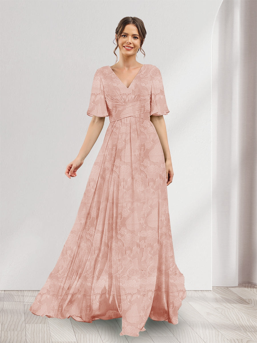 A-Line V-Neck Half Sleeves Split Side Floral Bridesmaid Dresses With Pockets