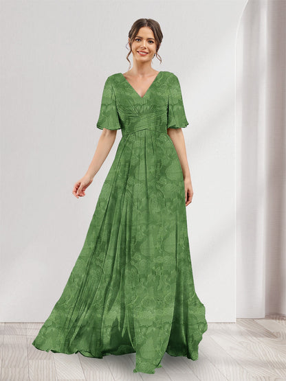 A-Line V-Neck Half Sleeves Split Side Floral Bridesmaid Dresses With Pockets