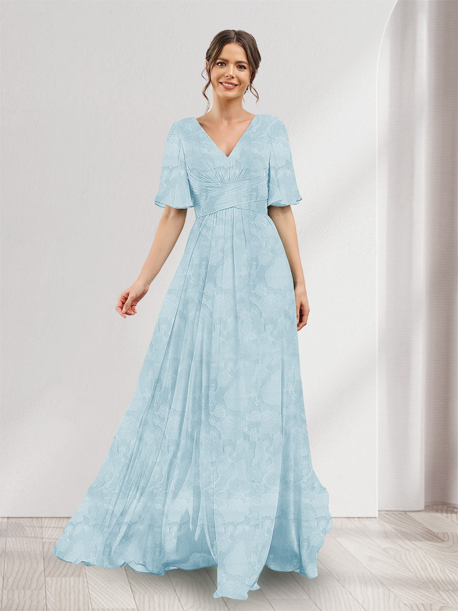 A-Line V-Neck Half Sleeves Split Side Floral Bridesmaid Dresses With Pockets