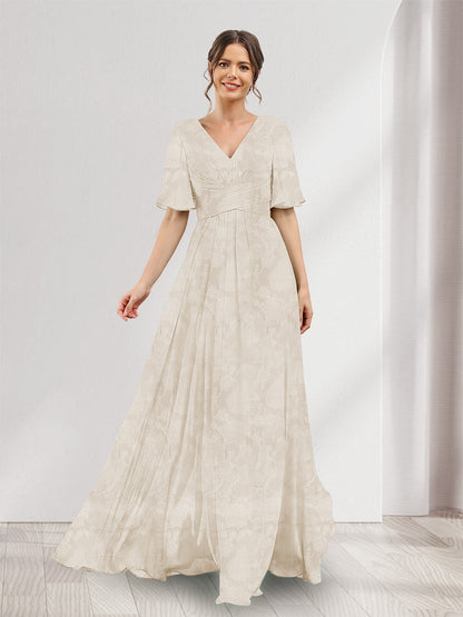 A-Line V-Neck Half Sleeves Split Side Floral Bridesmaid Dresses With Pockets