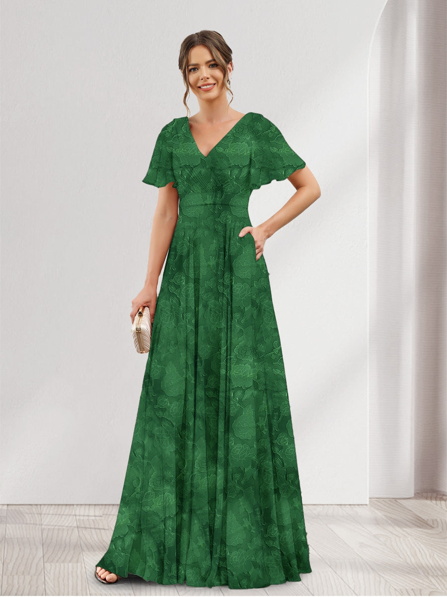 A-Line V-Neck Short Sleeves Floral Bridesmaid Dresses with Pockets