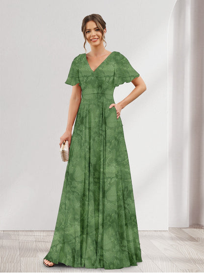 A-Line V-Neck Short Sleeves Floral Bridesmaid Dresses with Pockets