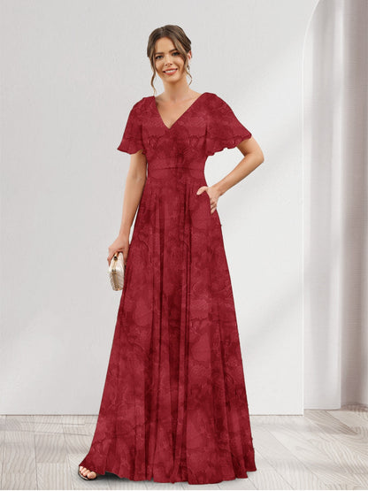 A-Line V-Neck Short Sleeves Floral Bridesmaid Dresses with Pockets