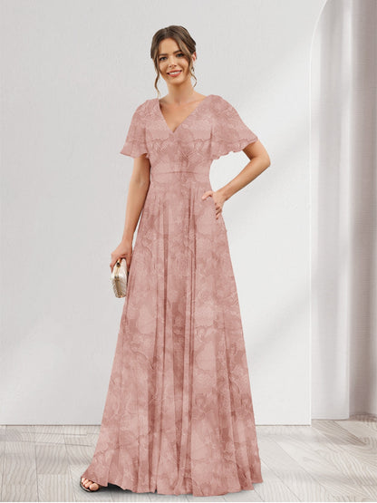 A-Line V-Neck Short Sleeves Floral Bridesmaid Dresses with Pockets