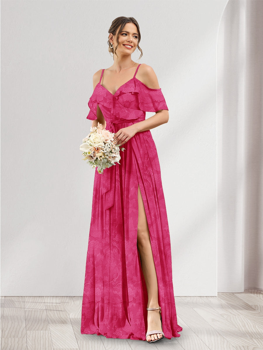 A-Line V-Neck Spaghetti Straps Floral Bridesmaid Dresses with Pockets
