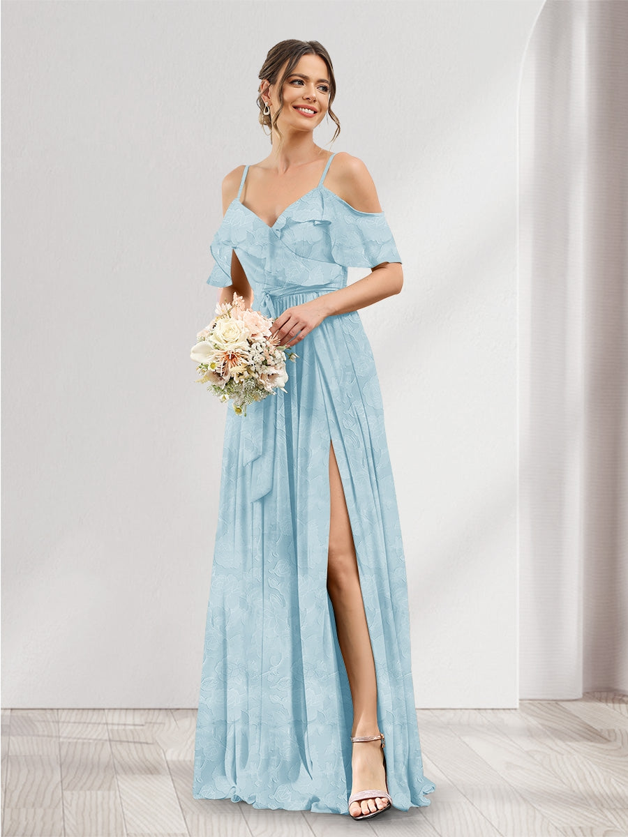 A-Line V-Neck Spaghetti Straps Floral Bridesmaid Dresses with Pockets