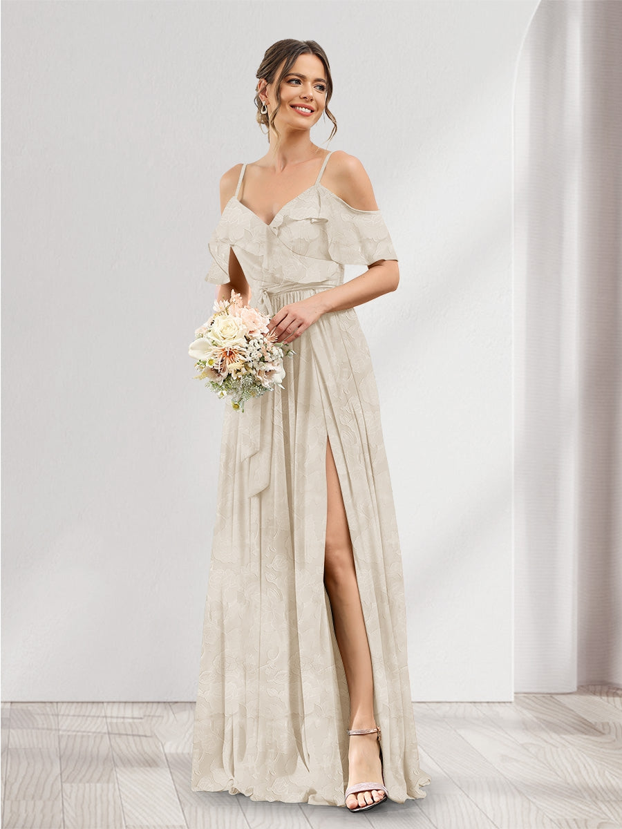 A-Line V-Neck Spaghetti Straps Floral Bridesmaid Dresses with Pockets