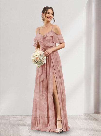 A-Line V-Neck Spaghetti Straps Floral Bridesmaid Dresses with Pockets