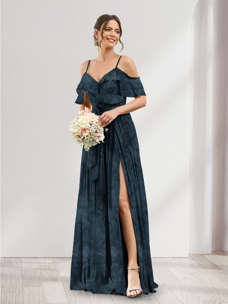 A-Line V-Neck Spaghetti Straps Floral Bridesmaid Dresses with Pockets