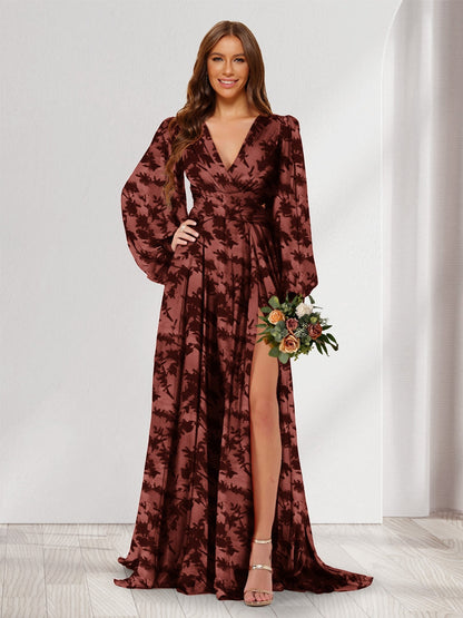 A-Line/Princess V-Neck Long Sleeves Floor Length Bridesmaid Dresses with Split Side