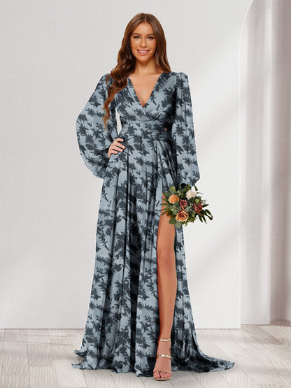 A-Line/Princess V-Neck Long Sleeves Floor Length Bridesmaid Dresses with Split Side